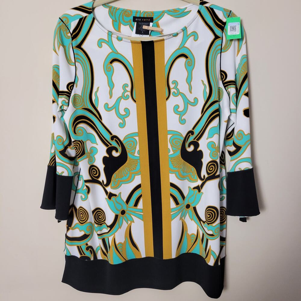 Eva Varro Sz L Art To Wear Pullover Tunic Top Stretch Jersey Flutter Cuff W/Tie